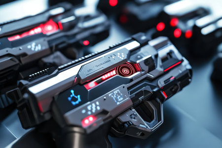 Laser guns with glowing red lights are arranged on a table at a gaming convention event in an esports arena.の写真素材