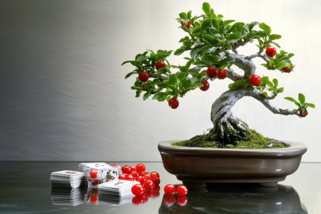 A small bonsai tree shop with vibrant red fruits sits next to playing cards on a sleek surface.の写真素材