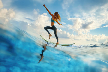 A person skillfully rides a green surfboard on clear ocean waves under a bright sky.の写真素材