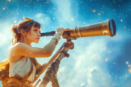A young woman observes the night sky through a telescope, surrounded by stars at twilight.の写真素材
