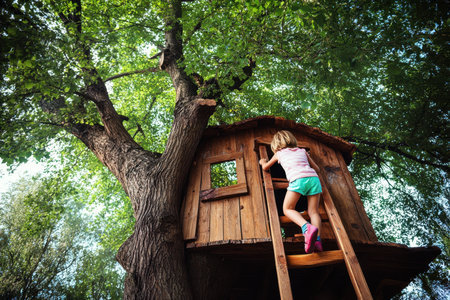 A young child is climbing a wooden ladder to enter a treehouse nestled among vibrant green trees on a sunny day.の写真素材