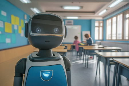 A robot teaching assistant stands in a colorful classroom as students engage in learning activities.の写真素材