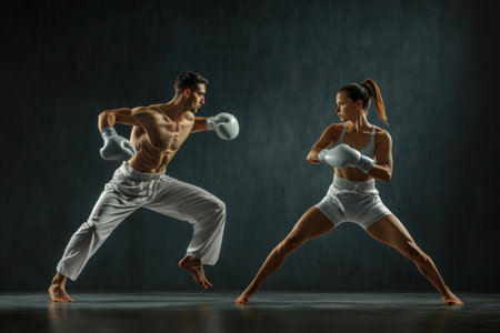 Two skilled martial artists are engaged in a dynamic sparring session, showcasing their techniques and athleticism.の写真素材