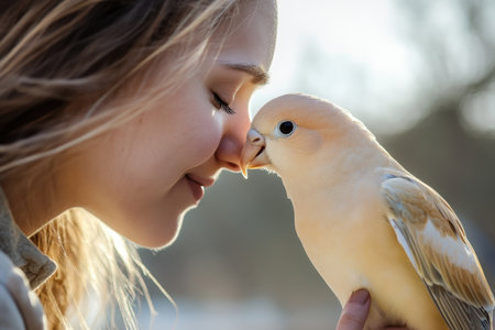 A girl smiles gently while touching noses with a pet bird in a tranquil outdoor environment.の写真素材