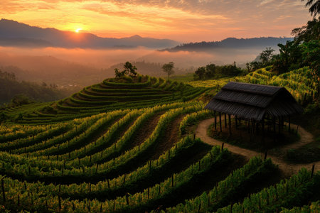 Golden sunset illuminates lush terraced rice fields, while a traditional hut rests amidst the tranquil landscape.の写真素材