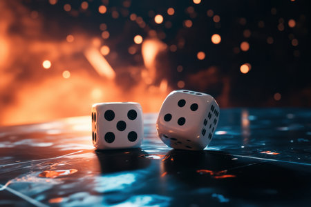 Two white dice are rolled on a table, casting shadows amid vibrant backlighting in a gaming atmosphere.の写真素材