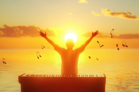 A musician plays keyboard at sunset, surrounded by musical notes, celebrating nature and creativity.の写真素材
