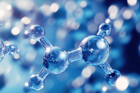 Abstract representation of blue molecules reflecting light, emphasizing molecular interactions and chemistry.の写真素材