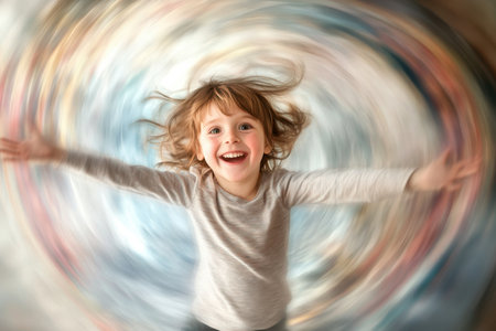 A happy child spins with arms wide open, laughing joyfully against a vibrant, swirling backdrop.の写真素材