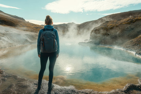 A hiker gazes at a steaming geothermal pool, surrounded by rugged landscapes and early morning light.の写真素材