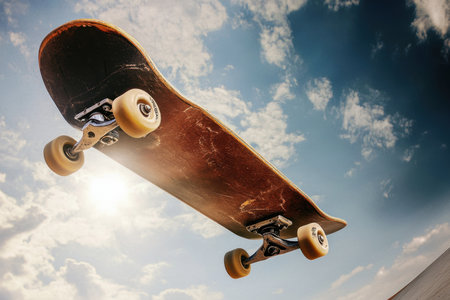 A skateboard floats in the air under a bright sky, showcasing tricks in an outdoor setting.の写真素材