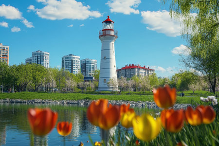 Colorful tulips bloom by a serene lake, with a lighthouse standing next to modern city buildings under a clear sky.の写真素材