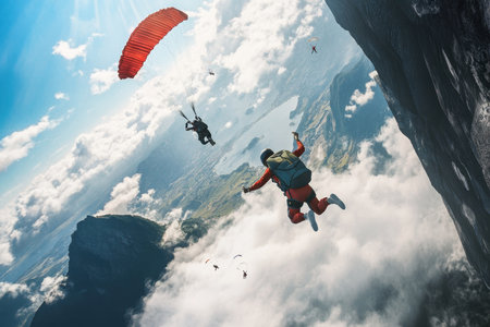 Skydivers and paragliders experience thrilling heights over breathtaking mountainous terrain in perfect weather.の写真素材