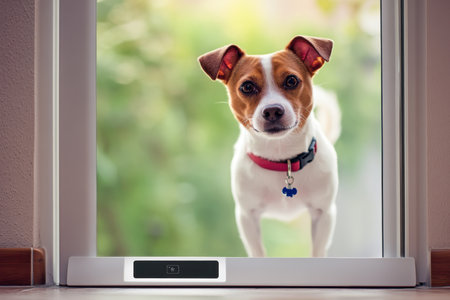 A small dog with brown and white fur is peering through a door, eager to explore the outdoors.の写真素材
