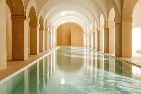 A peaceful indoor pool features soft, ambient lighting, elegant arches, and clear water in a calming atmosphere.の写真素材