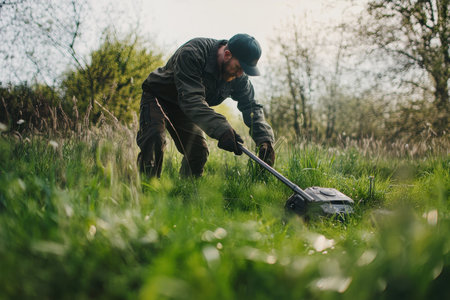 A man focuses on mowing lush grass in a vibrant field, surrounded by greenery and trees.の写真素材