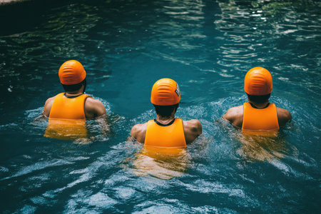 Three athletes in orange caps swim in a blue pool, focused on their training in the afternoon sunlight.の写真素材