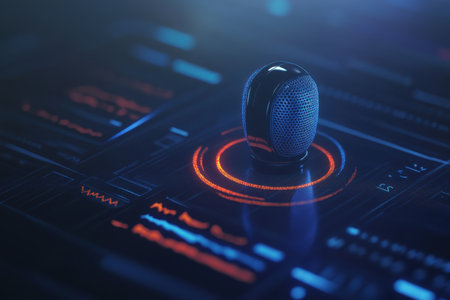 A sleek microphone rests on a glowing digital interface with various graphical elements, showcasing advanced technology.の写真素材