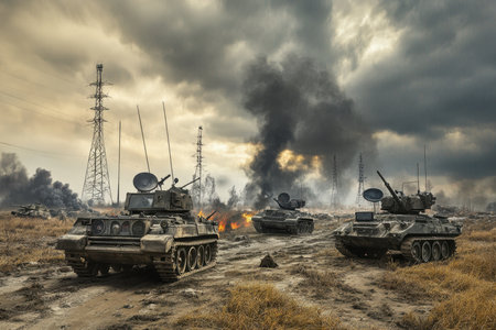 Military tanks move through a devastated area filled with smoke, fire, and communication towers at twilight.の写真素材