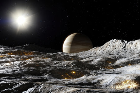 A stunning landscape showcases rocky terrain illuminated by a nearby star, with a giant planet visible in the distance.の写真素材