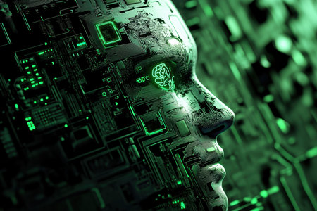 A human-like face is integrated with intricate circuit patterns, illuminated in green tones, symbolizing technology.の写真素材