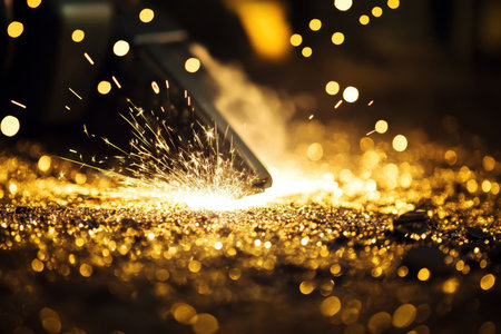 Bright sparks illuminate the workshop floor as metal is being cut, creating a captivating display of light and energy.の写真素材