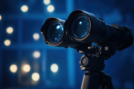 A person uses binoculars to gaze at the stars in a suburban setting, enjoying a clear night sky filled with stars.の写真素材