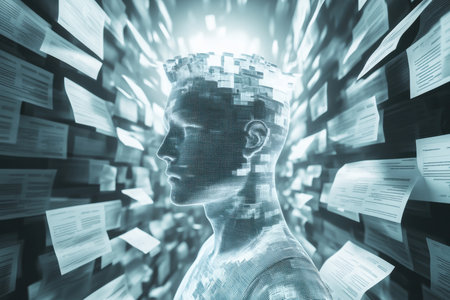 A pixelated human figure stands among floating text sheets, representing information overload and technology.の写真素材
