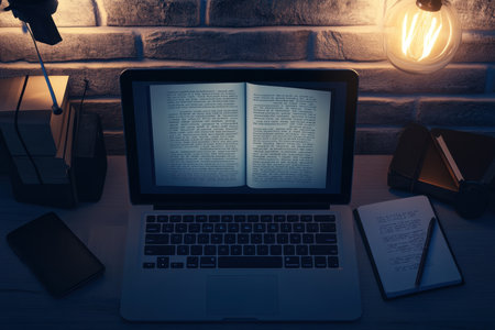 A student studies late at night with an open book and laptop on a desk surrounded by warm lighting.の写真素材
