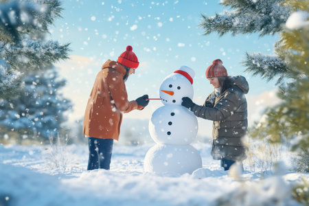 Two kids are playfully constructing a snowman while surrounded by falling snow in a winter wonderland.の写真素材