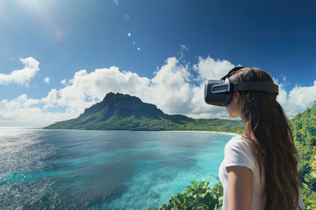 A person wearing a virtual reality headset stands on a lush shoreline, gazing at a stunning mountain.の写真素材