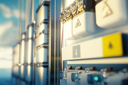 Detailed view of an industrial electrical panel showing circuits and wiring under bright lighting.の写真素材