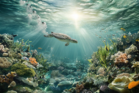 A turtle glides gracefully through clear water, surrounded by colorful corals and fish, illuminated by sunlight.の写真素材