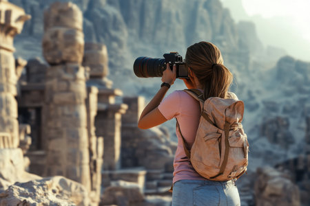 A traveler photographs majestic stone structures in a mountainous region as sunlight casts warm hues.の写真素材
