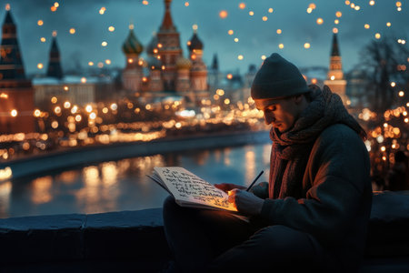 A person writes in a notebook near the river with twinkling lights and an iconic skyline at dusk.の写真素材
