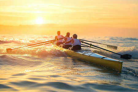 A team of rowers maneuvers a sleek boat against the soft waves at sunset, showing unity and dedication.の写真素材