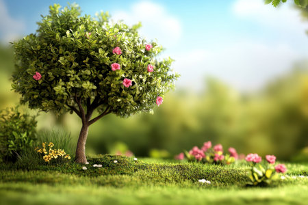 A beautiful tree with pink blooms stands in a vibrant garden filled with colorful flowers under clear skies.の写真素材