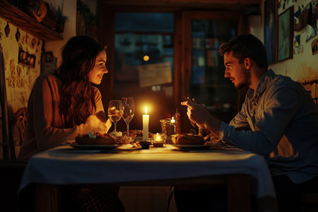Two people enjoy an intimate dinner with candlelight, smiling and sharing a moment in a warm atmosphere.の写真素材