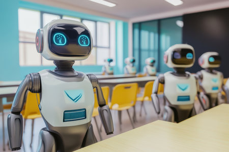 Several robots sit at desks in a brightly colored classroom, showing technology in education.の写真素材