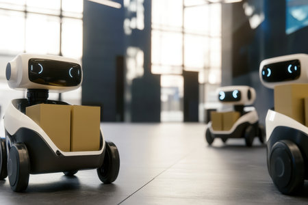 Three small robots move packages in a bright, spacious area, highlighting advanced technology and innovation.の写真素材