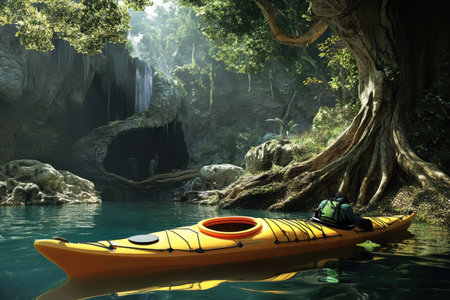 A bright yellow kayak rests on calm waters surrounded by vibrant greenery and a mysterious cave nearby.の写真素材
