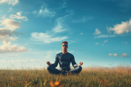 A man practices meditation while sitting cross-legged in a lush green field, surrounded by a clear blue sky.の写真素材