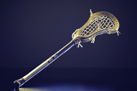 A detailed lacrosse stick rests against a dark backdrop, showing its unique construction and stringing.の写真素材