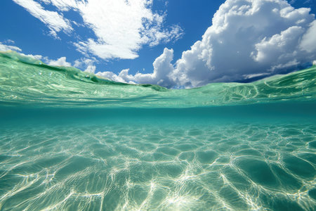 Waves gently ripple in clear turquoise water beneath a bright sky filled with fluffy clouds, creating tranquility.の写真素材