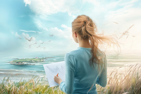A young woman sketches an island scene while enjoying the wind and view by the ocean under a bright sky.の写真素材