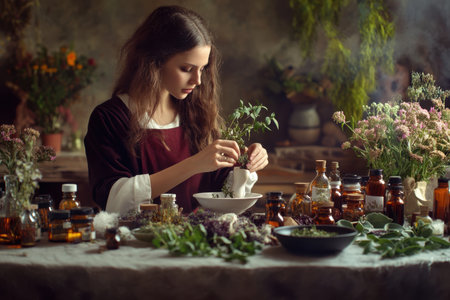 A young woman carefully arranges herbs and ingredients for herbal remedies on a wooden table surrounded by plants.の写真素材