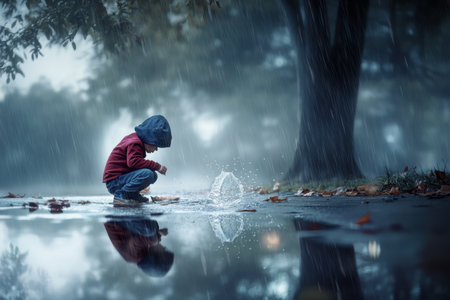 A young child in a red sweater enjoys splashing in puddles amidst falling rain and misty surroundings.の写真素材