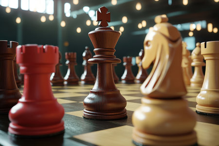 A tense chess match takes place, featuring intricately carved wooden pieces on a dimly lit board, capturing focus.の写真素材