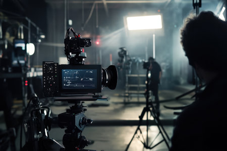 Crew members adjust lighting and cameras on a filming set to create the perfect atmosphere for a shoot.の写真素材