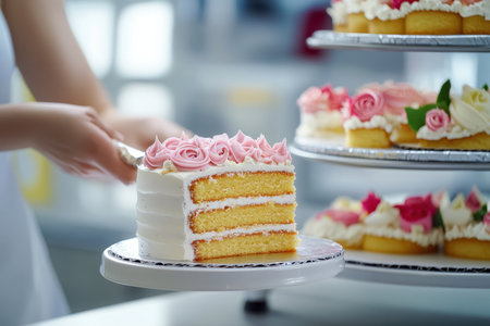 Baker skillfully arranges a slice of cake while showing beautiful pastries in a quaint bakery.の写真素材